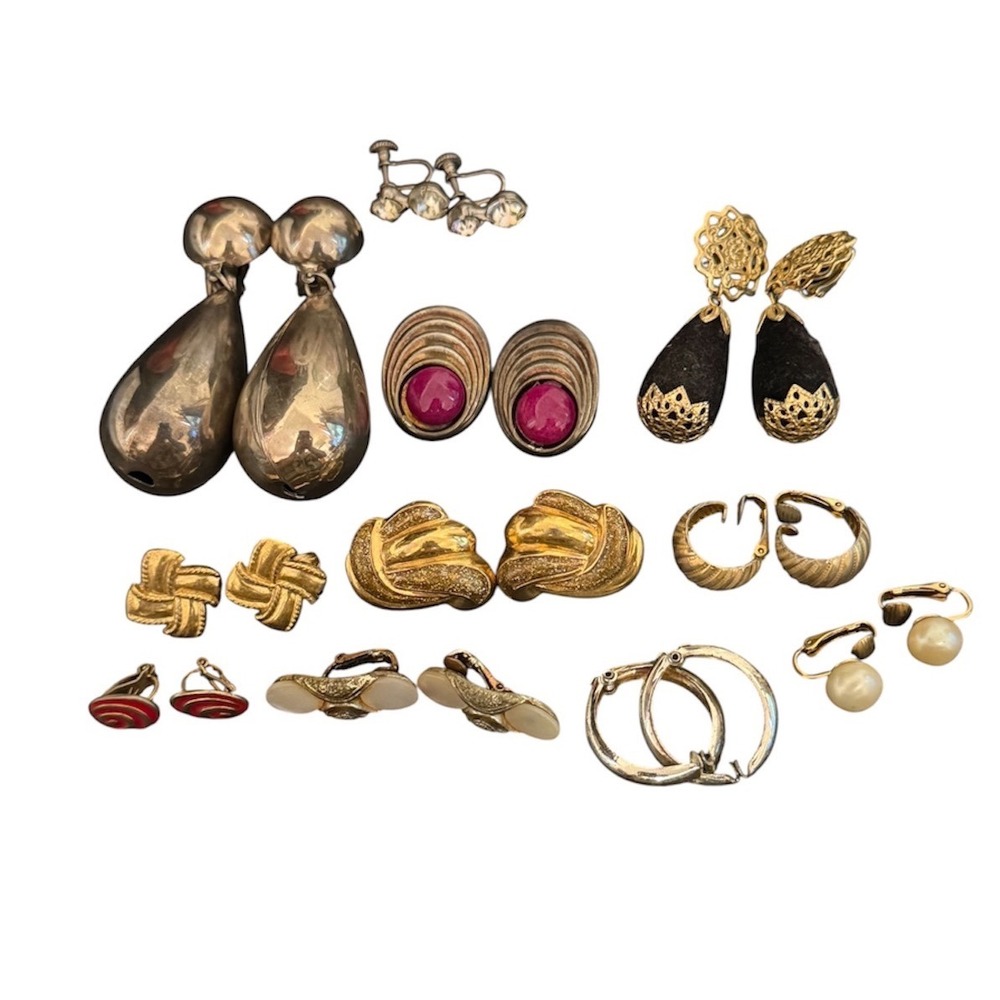Vintage Clip On Earring Lot Gold Silver Tone Rhinestone Pearl Statement 11 Pairs